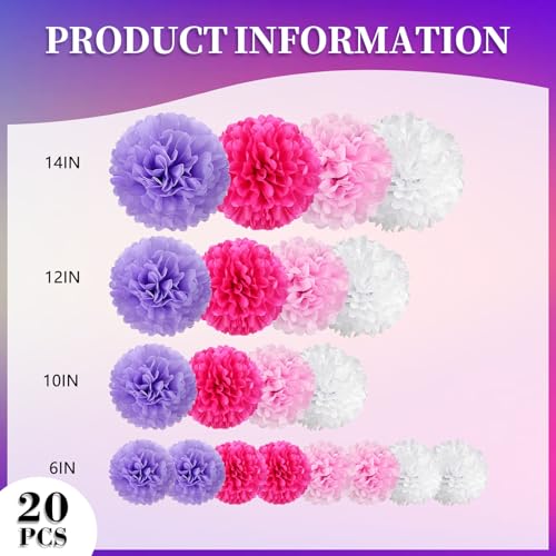 Image of 20 PCS Tissue Paper Pom Poms, Tissue Pom Poms Flowers, Sizes of 6 inch, 10 inch, 12 inch, 14 inch Hanging Paper Flower Ball for Wedding, Birthday, Halloween, Christmas, Baby Shower Party Decor (Pink Purple White)