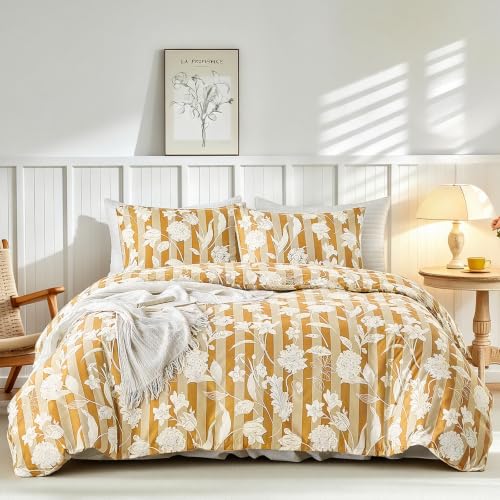 Image of Lekesky Orange Floral Duvet Cover King Size, Stripes Comforter Cover King Size Floral Printed Duvet Set, 3 Pieces Soft Microfiber Bedding Set with Zipper & 7 Ties (King, 104 inchx90 inch)