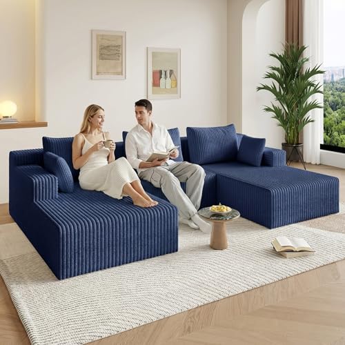 Image of 107 inch Modular Sectional Sleeper Sofa, Boneless Cloud Couch for Living Room, U Shaped 3 Seat Sofa with Deep Seat, Free Combination, Couch in a Box, No Assembly Required (Blue)