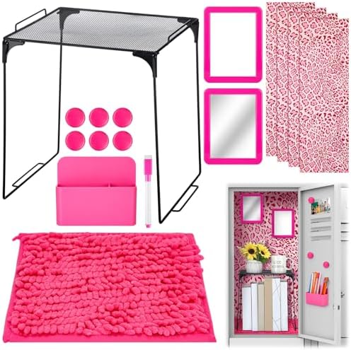 18-Piece Pink Locker Accessories Kit - Includes Shelf, Magnetic Wallpaper, Mirror, Whiteboard, Lock, Magnets For School, Office, Gym