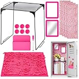 Pinkunn 16 Pieces Locker Organizer Accessories Kit Wallpaper Magnetic Whiteboard Magnets Mirror Dry Eraser Marker Rug Magnetic Storage Cup Organizing Shelf for Back to School Party Essentials(Pink)