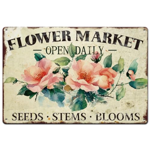 SUPERDANT Flower Market Metal Signs Open Daily Tin Sign Flower Shop Wall Plaques Retro Iron Poster Art for Flower Shop Market Bedroom Living Room Garden Vintage Decor Man Cave Gift