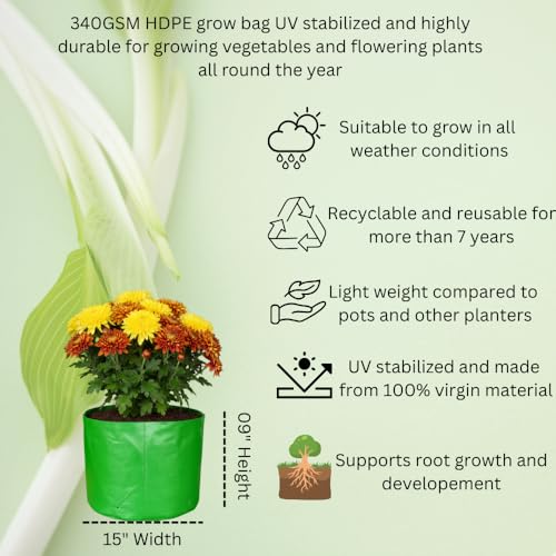 Image of HDPE UV Treated 340 GSM Plant Growing Bags for Terrace Gardening Easy to Use 15 x 09 Inch - Pack of 5