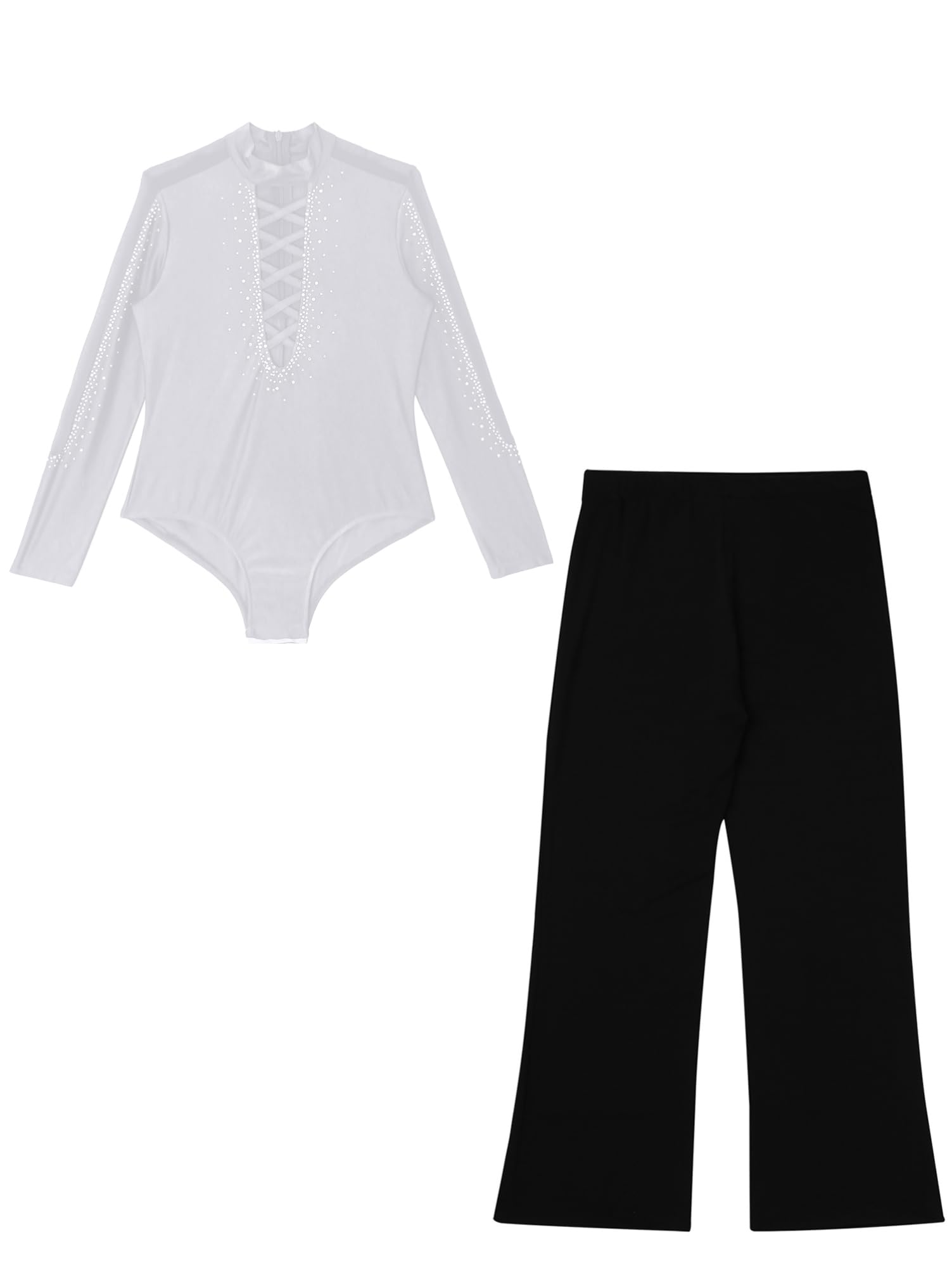 Alvivi Completo da Ballo Latino per Bambino 2 Pezzi Strass Camicia da Ballo e Pantaloni a Palazzo Vita Alta Body Danza Classica Leotard Tango Samba Rumba Dancewear
