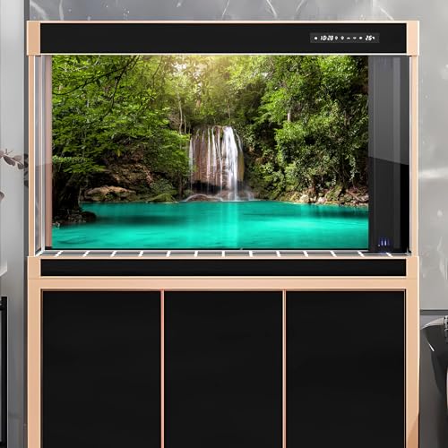 Image of Jungle Waterfall Aquarium Background Lush Green Rainforest Rocks Terrarium Background Falls Green Plants Natural Landscape Fish Tank Background Lake Stream Waterfall Reptile Background 72x24in