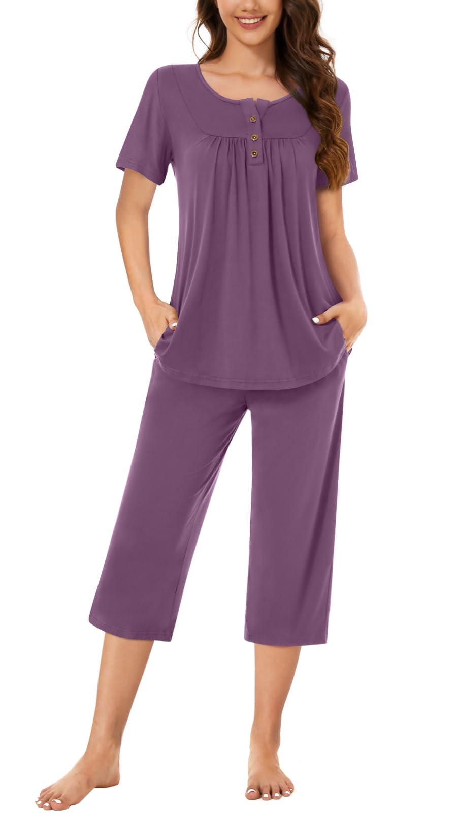 Bestbee Womens Pajama Sets 2 Piece Summer Sleepwear Ladies Pjs Henley Neck Short Sleeve Capri Pant With Pockets