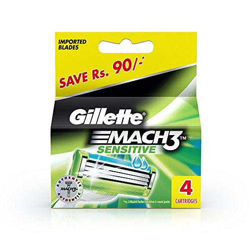 Image of Gillette Mach3 Sensitive Blades - 4 Cartridges & GILLETTE Mach 3 Shaving Razor (Handle + 2 Cartridge)