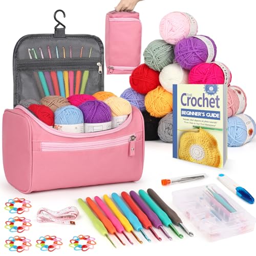Reessy Crochet Kit 88 PCS Crochet Kits for Beginners Adults include Instructions Ergonomic Crochet Hooks 15Pcs × 25g Yarn Storage Bag and Knitting Accessories Complete Beginners Crochet Kit - Pink