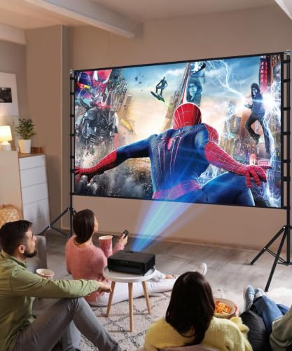 Image of STWUI Projector Screen with Stand - 150 Inch Portable Projector Screens Outdoor Indoor Projector Screen 16:9 4K HD Outdoor Movie Screen with Carry Bag,Enjoy Home Theater Projection Screen