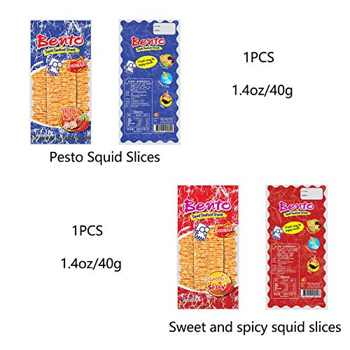 Dried Squid Seafood, (1.4Oz/40G)* 2Pcs, Bento Squid Seafood Snack, Garlic And Spicy Flavors, Squid Slices Thai Style Seafood Snacks, Squid Slices Spicy Strips, Bento Squid Seafood Snack Sweet And Spicy Flavoured #TOP2