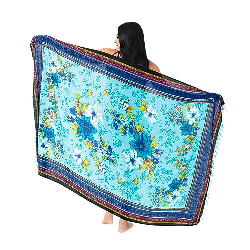 Canga De Praia Com Flores Estampada Grande Em Viscose Rosa (Azul)