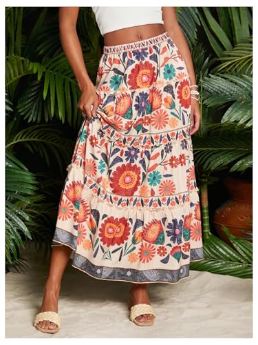 SweatyRocks Women's High Waist Floral Print Ruffle A Line Long Maxi Boho Vacation Skirt4