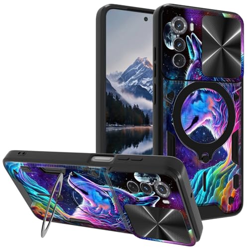 for Motorola Edge-2022 Case, with Slide Camera Cover&Shockproof Bracket, Dual Layer Durable Heavy Duty Protective Cell Phone Case for Moto Edge 2022,Nebula/Galaxy Wolf