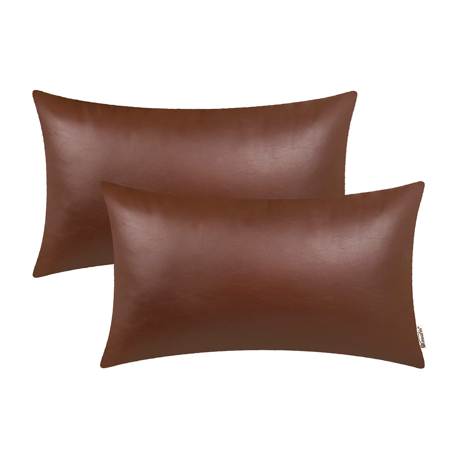 BRAWARM Faux Leather Throw Pillow Covers 12 X 20 Inches - Brown Leather Lumbar Pilow Covers Pack of 2, Solid Dyed Leather Pillowcases for Couch Bed
