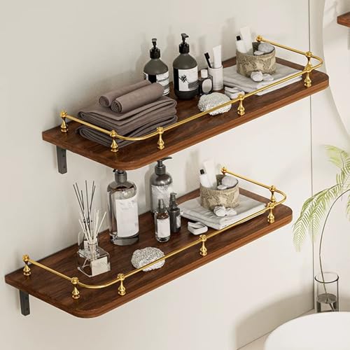Paquete de 2 Estanteria Pared, Estantería Flotante con Barandillas Metálicas Decorativas, Baldas Flotantes Pared for Baño, Cocina, Sala de Estar y Entrada