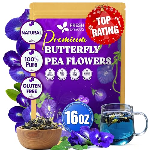 Image of FreshDrinkUS, Premium 16oz Blue Butterfly Pea Flowers Dried - Premium Whole Flower Herbal Tea - Vibrant Blue Natural Color - Caffeine-Free Loose Flower Tea. Vegan
