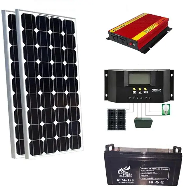 Kit Fotovoltaico con Accumulo 3 kW: Inverter 2000W, 2 Pannelli 100W, Batteria 120Ah