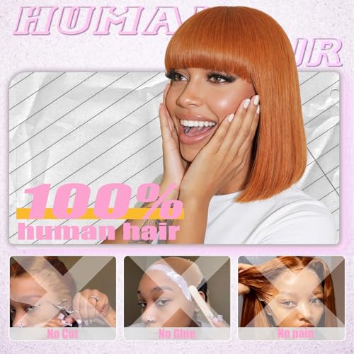 Image of Farblick Ginger Bob Wig Human Hair With Bangs Wear and go Glueless Wig Human Hair 12inch Straight Wig 180% Density Ginger wig with bangs for Women