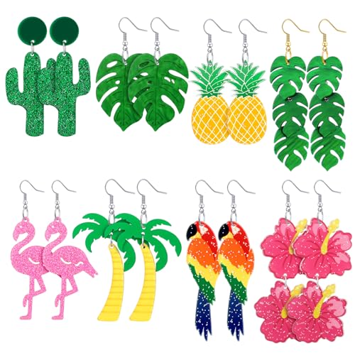 8 Pairs Summer Earrings for Women Hawaiian Tropical Acrylic Dangle Earrings Hawaii Flower Pineapple Leaf Earring Holiday Jewelry
