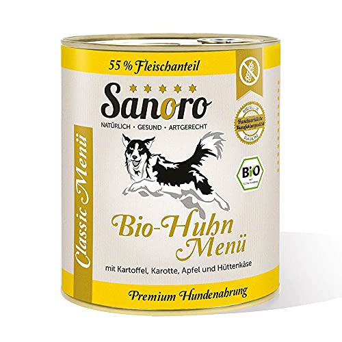 Sanoro Menü Classic Huhn mit 55% Fleischanteil - Premium Hundefutter in Teil-Bio-Qualität - Huhn mit Bio-Kartoffel, Bio-Karotte, Bio-Apfel und Bio-Hüttenkäse - singleprotein (6 x 800g).