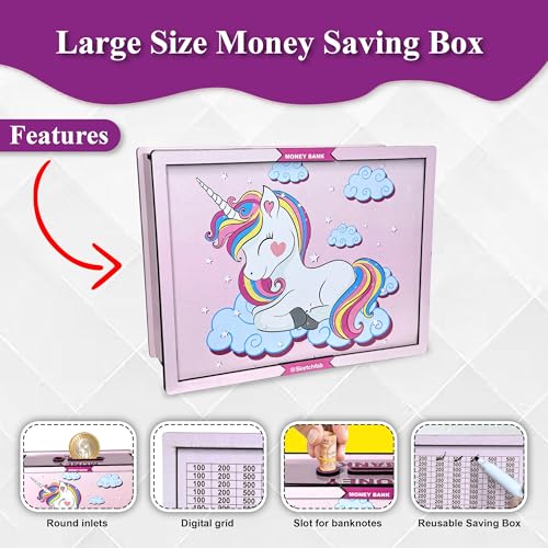 Image of Sketchfab Money Saving Box for Adult 100000, Wooden with Savings Tracker Bank Kids, Smart Piggy Bank, Box, Coin Box,Gullak Saver,Piggy Rs100000 Home Deal Gift Man, Women (Unicorn)