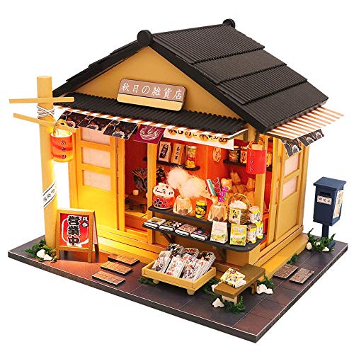 erhumama Miniatur-japanischer Lebensmittelgeschäft Puppenhaus LED Kits DIY Holzladen Möbel Modell Puzzle Spielzeug Kinder Geburtstagsgeschenk Cover