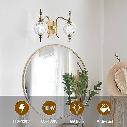 TLOLGT Bathroom Vanity Light Fixtures, 2-Light Vintage Crystal Bathroom Wall Sconces Matte Brushed Antique Brass Finish Retro Wall Sconce Light with Crystal Glass Shade for Bathroom Bedroom - Image 6