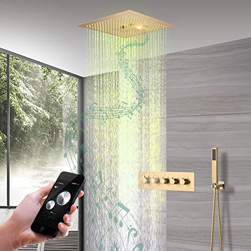 Sistema de ducha Cascada Luxury 16” cuadrado con música, LED y altavoces Bluetooth incorporados, 4 funciones (Lluvia, Cascada, Neblina y ducha de mano), acero inoxidable pulido miniatura 1