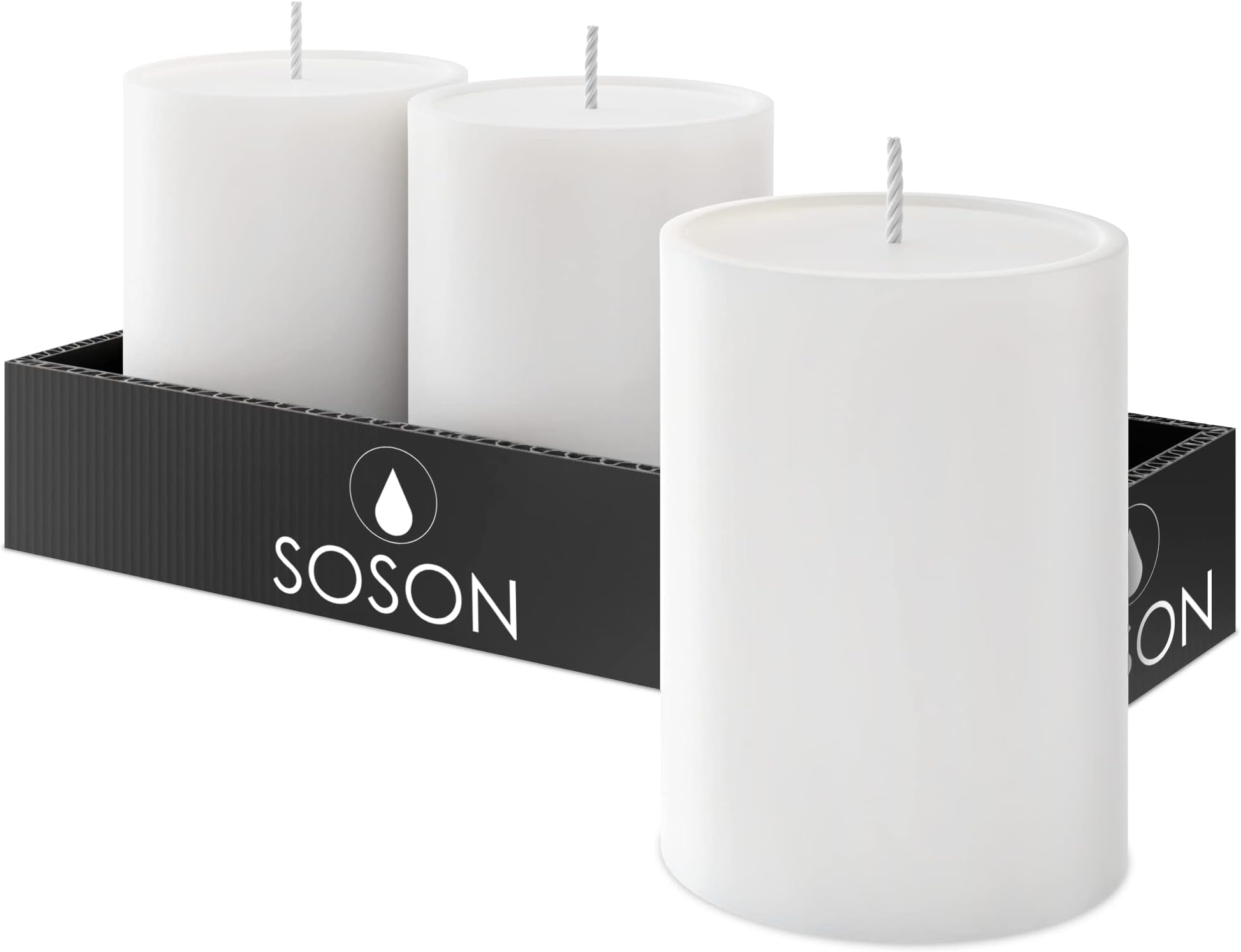Simply Soson Set of 3 White Pillar Candles 3x4 in. - Unscented Large Candles Bulk - Home Wedding Event Decor