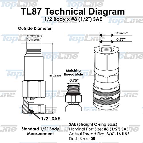 Image of TL87 1 /2 inch(#8) SAE Flat Face Connect Under Pressure Hydraulic Quick Coupler Set 1 /2 inch Body for Bobcat Skid Steer