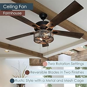 RIVER OF GOODS 52 Inch LED Modern Farmhouse Ceiling Fan with Light Rustic Ceiling Fans with Lights Elegant Industrial Fan with Mesh Metal Caged Shade Brown
