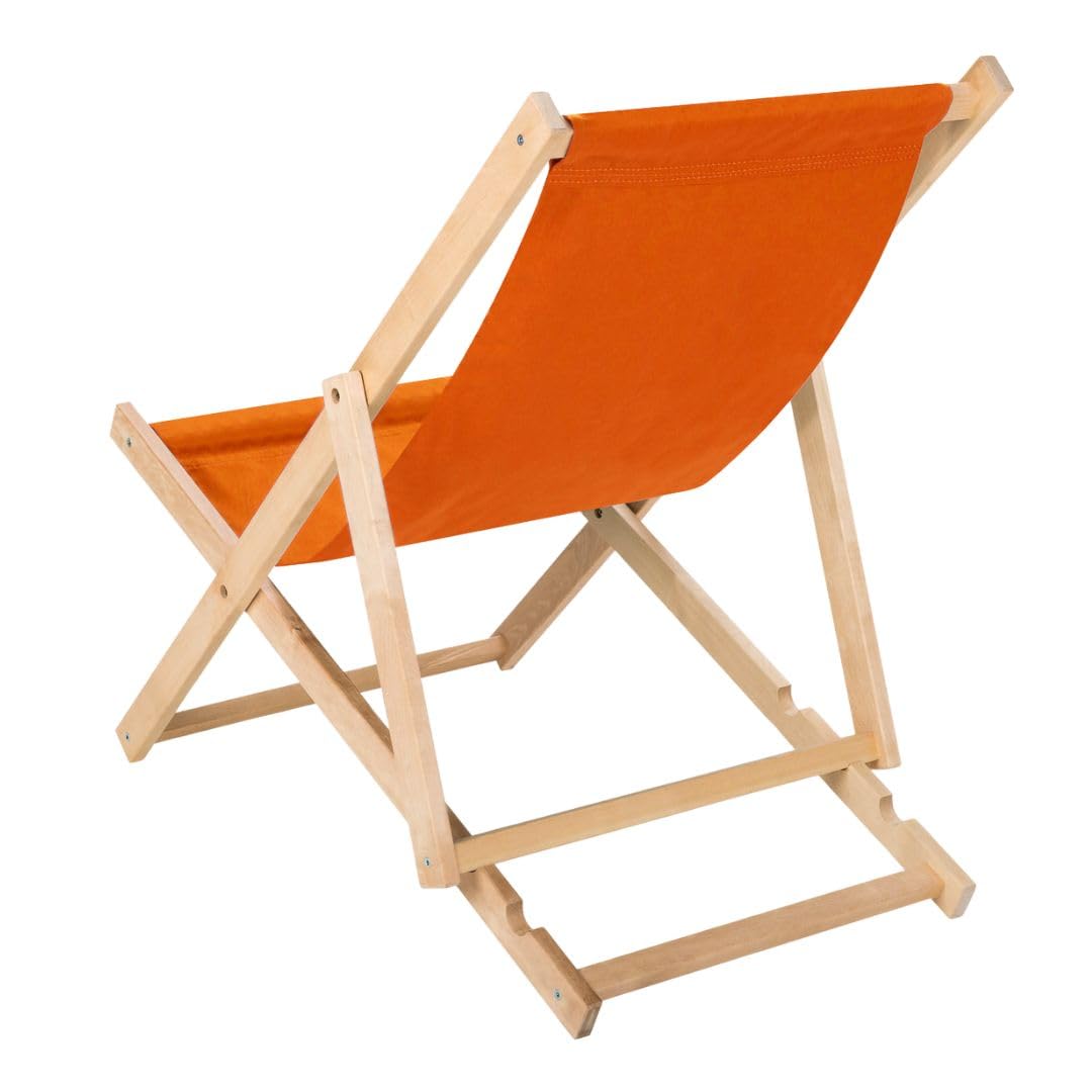Chaise Longue Pliante en Bois Orange - Transat chilienne en hêtre Robuste 120 kg - Relax Pliable pour Jardin, Balcon, terrasse, Plage & Camping