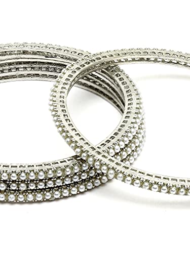 Image of Karatcart Oxidised Silver Pearl Studded Tribal Set of 4 Bangles for Women