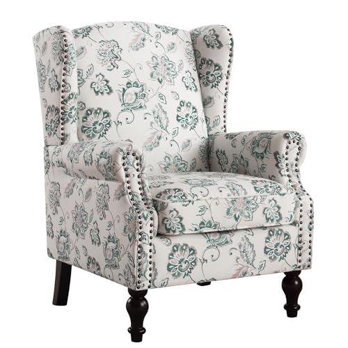 HOMYKA Accent Chair for Living Room, Modern Floral Accent Chair with Arms, Fabric Printed Wingback Armchair with Vintage Legs, Comfy Single Sofa Side Reading Chair for Bedroom (1, F05 Green)