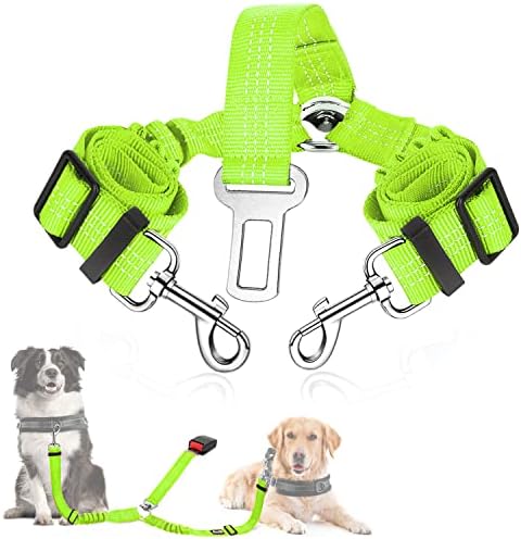SlowTon Double Dog Seat Belt, Adjustable Elastic Dog Car Harness Seatbelt with Anti-Shock Bungee Buffer, Heavy Duty Reflective Puppy Cars Restraint Pet Safety Belts Clip for Travel Daily Use