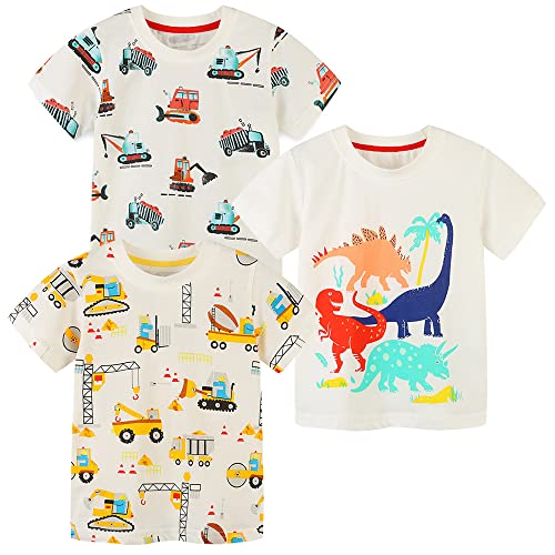 Toddlers Baby Boys Pack Of 3 Cotton Short Sleeve Shirts Clothes Dinosaur Graphic T-Shirt Outfit,White A,3-4T #TOP21