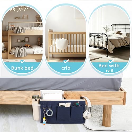 Image of Loghot Bedside Caddy /Bedside Storage Bag Hanging Organizer for Bunk and Hospital Beds,Dorm Rooms Bed Rails,Can be Placed Glasses,Books,Mobile Phones,Keys (2pc Navy Blue)