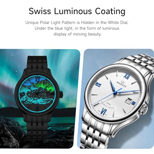 marvin Automatic Watch Swiss Movement Mechanical Luxury Watches for Men with Stainless Steel Strap,Sapphire Glass Dial,Luminous Drawing,Hands and Hour Markers,50m Waterproof3