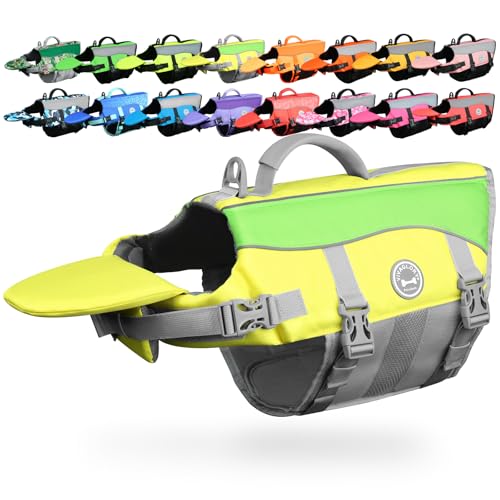 Image of VIVAGLORY Dog Life Vest Front Float Dog Swim Vest, XS, Yellow Grey | Life Jacket with Chin Float & Handle for Swimming & Boating, High Visibility Adjustable for Doggy Cat Puppy