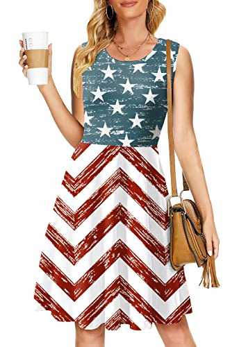 Image of Deerose 4th of July Dress for Women Sleeveless American Flag Patriotic Elastic High Waist Sundress