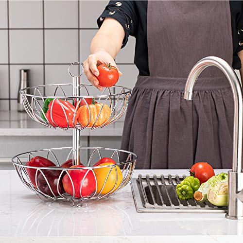 Rice Rat Kitchen Counter Top 2 Tier Fruit Basket Bowl Fruit Bread Organizer Storage Holder Stand With Modern Design For Gift Home Party Iron Silver (Chrome) #TOP1