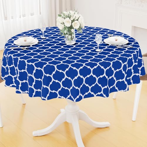 Image of Smiry Round Table Cloth, Flannel Backed Vinyl Tablecloth, 60 inch Round | Waterproof Plastic Tablecloths, Wipeable Table Cover for Dining, Indoor and Outdoor (Blue)