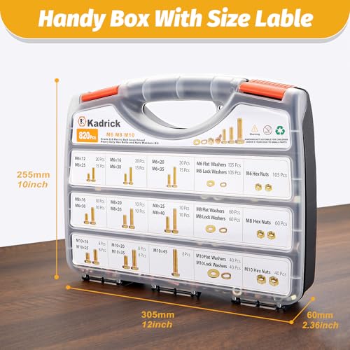 Image of Kadrick 820Pcs Grade 8.8 Metric Bolt Assortment, M6 M8 M10 Hex Heavy Duty Bolts and Nuts Kit,M6 x1.0 M8 x1.25 M10-1.5 (12mm to 45mm),Yellow Zinc Plated