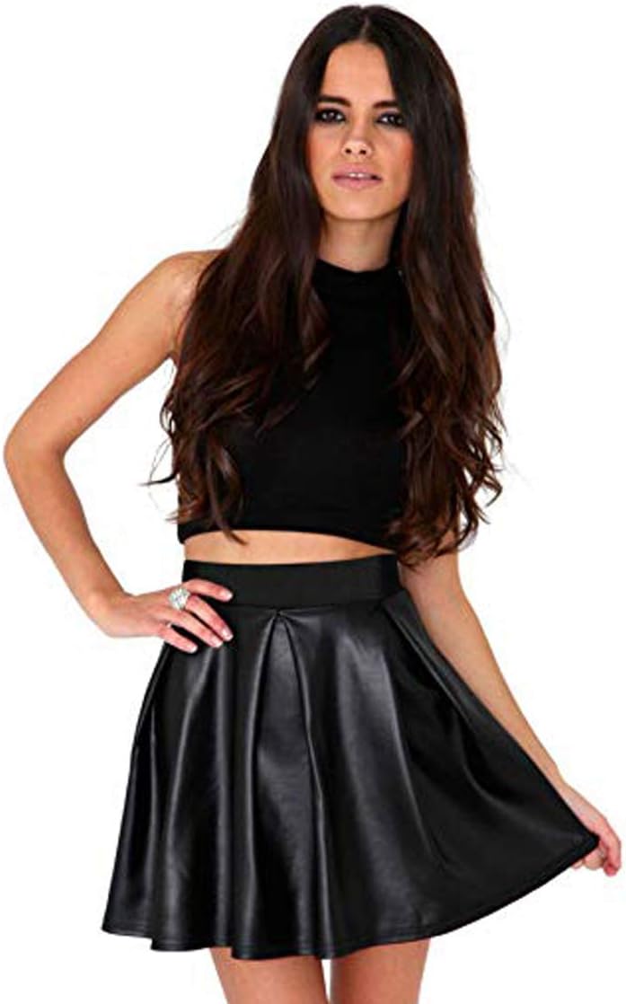 Womens Wet Look Skater PVC Flared Mini Skirt Ladies Black Leather Swing Shiny Shorts Plus Size