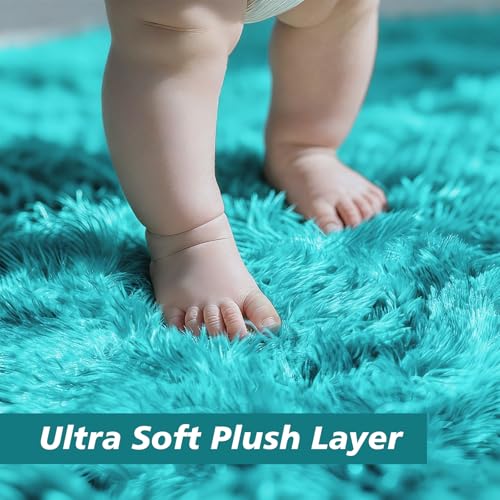 Soft Round Area Rug for Kids Bedroom, Fluffy Fuzzy Shaggy Rug 5'X5'for Living Room, Non Slip Circle Plush Rug for Girls Room Nursery Dorm Decor,Light Blue
