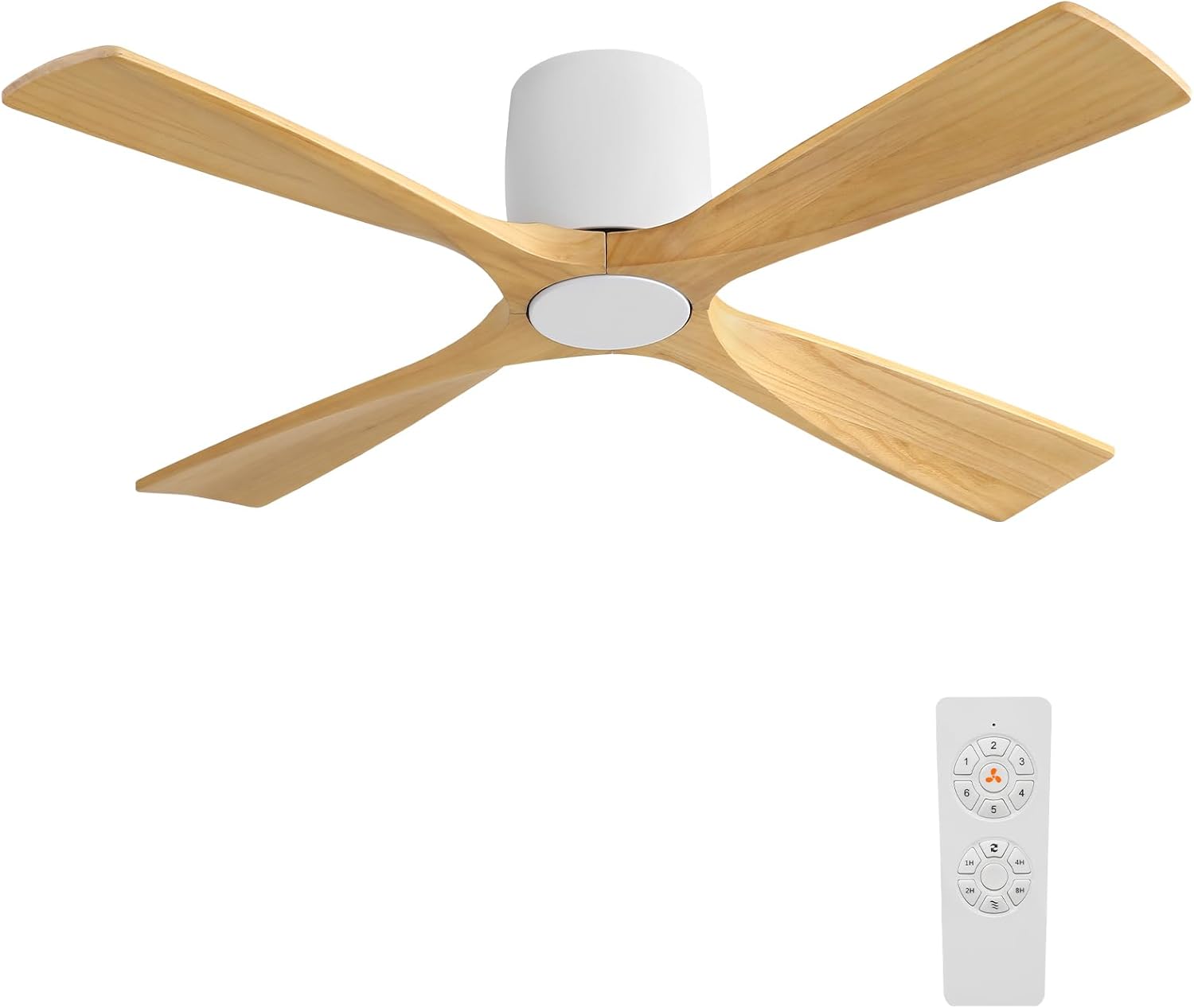 WINGBO 48 Inch Ceiling Fan Without Light, Solid Wood Flush Mount Ceiling Fan with Remote Control, Reversible DC Motor, 4 Blades,6-Speed Quiet Performance, for Bedroom & Living Room,White+Light Wood