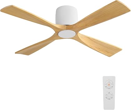 WINGBO 48 Inch Ceiling Fan Without Light, Solid Wood Flush Mount Ceiling Fan with Remote Control, Reversible DC Motor, 4 Blades, 6-Speed Quiet Performance, for Bedroom & Living Room, White+Light Wood