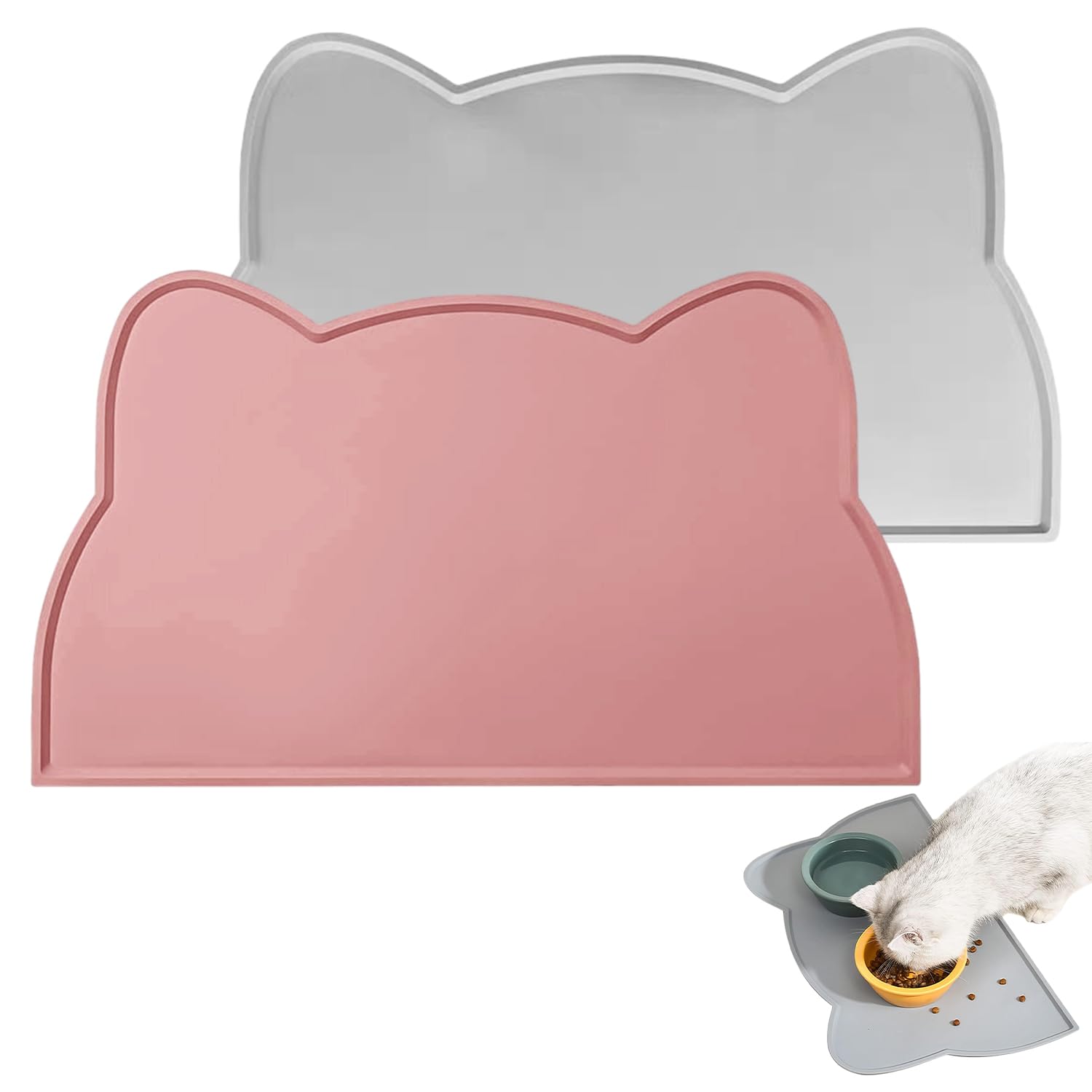 RYAN 2 Pezzi Tappetino Ciotole Gatto 48 * 25.5 cm Tappetino Sottociotola per Gatti Tappeto Pappa Gatto Impermeabile Tappetini Antiscivolo Ciotola Animale Silicone (Rosa, Grigio)