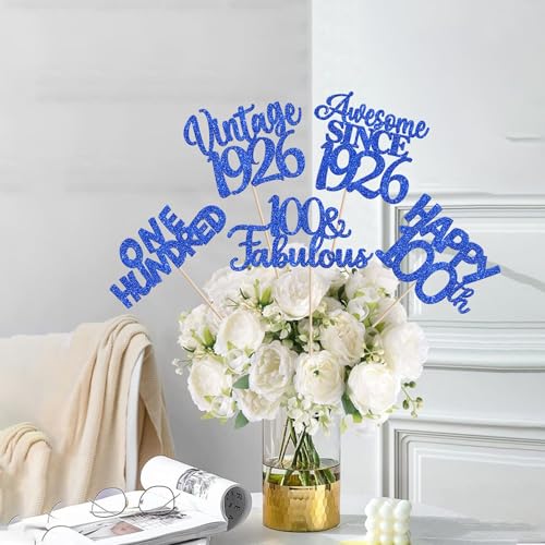 Image of 15 PCS Blue 100th Birthday Centerpiece Sticks One Hundred Happy 100th Vintage 1926 Table Flower Centerpieces Sticks Cheers to 100 Fabulous Floral Decorations for 100th Birthday Party Supplies