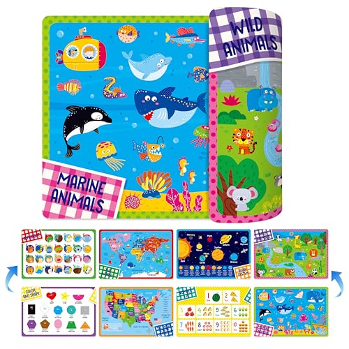 4 Pack Placemats for Kids Non-Slip Washable Table Mats Double-Sided Reusable Universe Alphabet Numbers Map of USA & World Educational Placemats for Home Kindergarten Classroom Nursery